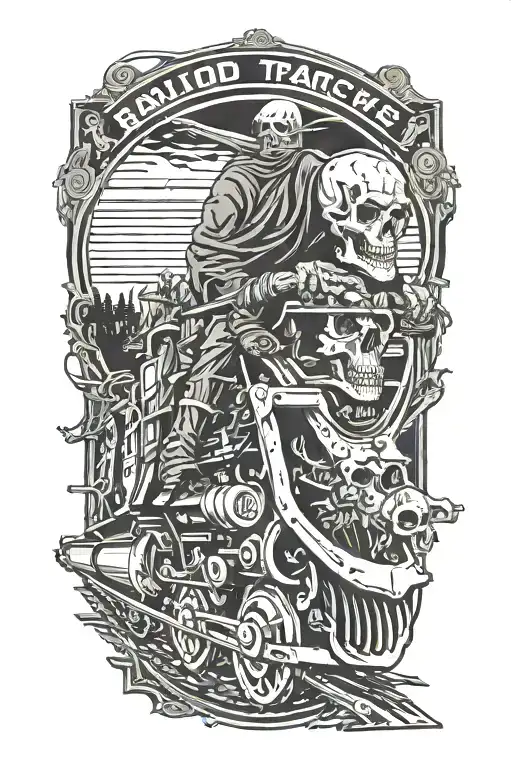 Railroad tracks circling the right side with grim reaper skull and high horsepower engines tattoo design idea