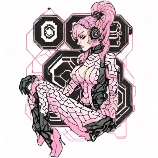 Petite sexy Girl, huge butt, average boobs, pink skin tight latex jumpsuit, pink eyes, pink really long pigtails. sexy tattoo design idea