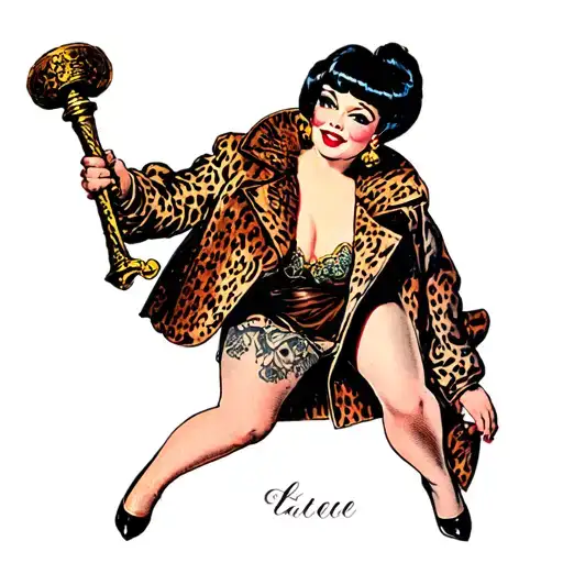 pinup girl with black bob wearing a cheetah print coat holding a mace tattoo design idea