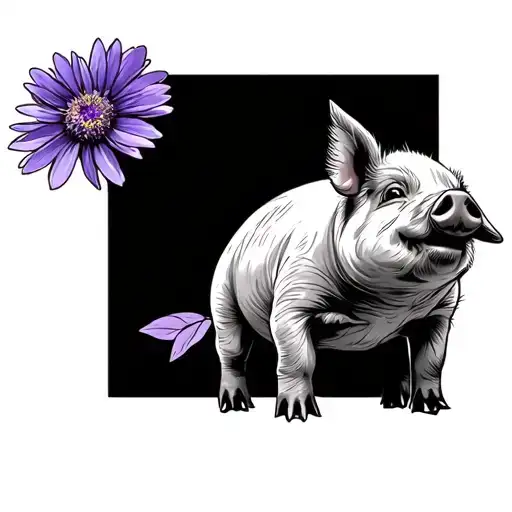 baby pig with purple aster flower  tattoo design idea