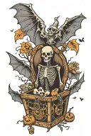 coffin skeleton bats flying spooky Halloween scene tattoo design idea