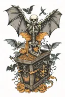 coffin skeleton bats flying spooky Halloween scene tattoo design idea