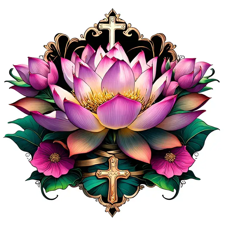 lotus flowers with thigh garter bands and crosses tattoo design idea