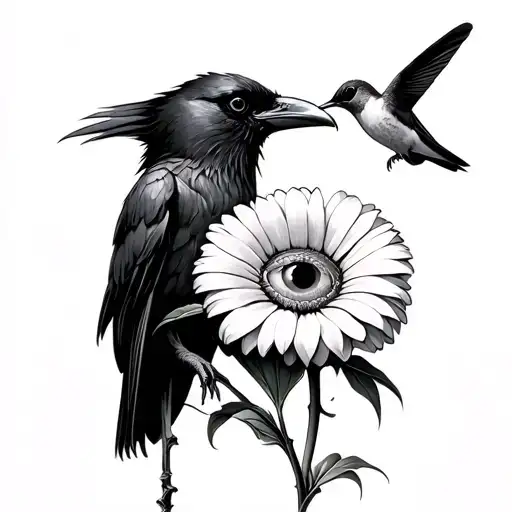raven holding a gerbera daisy with eyeball center and hummingbird  tattoo design idea