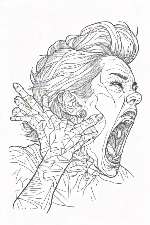 woman screaming, hands on the ears, short hair masculine presenting tattoo design idea