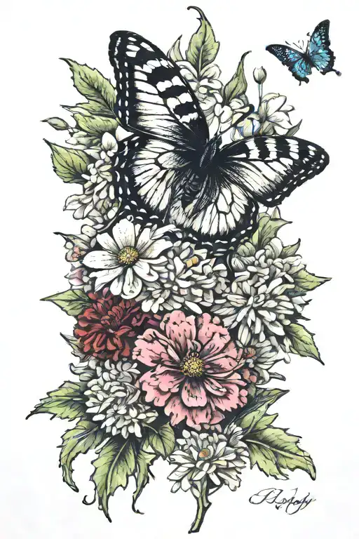 carnation and daisy bouquet with butterfly tattoo design idea