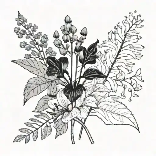 both the Pride of Barbados flower and the Spachea perforata flower in a bouquet. minimalist. no extra leaves tattoo design idea