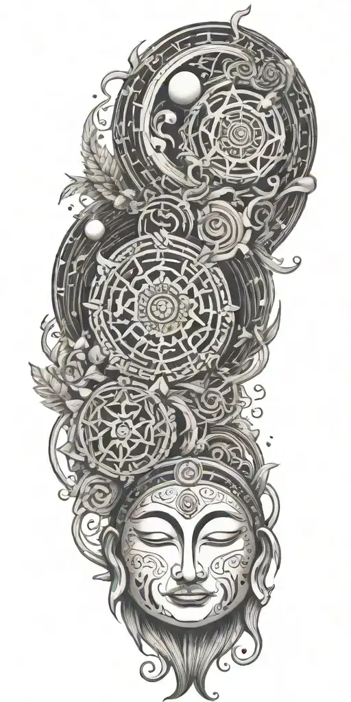 Blend Buddhist symbols, fine-line wood grain, anime elements, and subtle gaming symbols into a cohesive, flowing design tattoo design idea