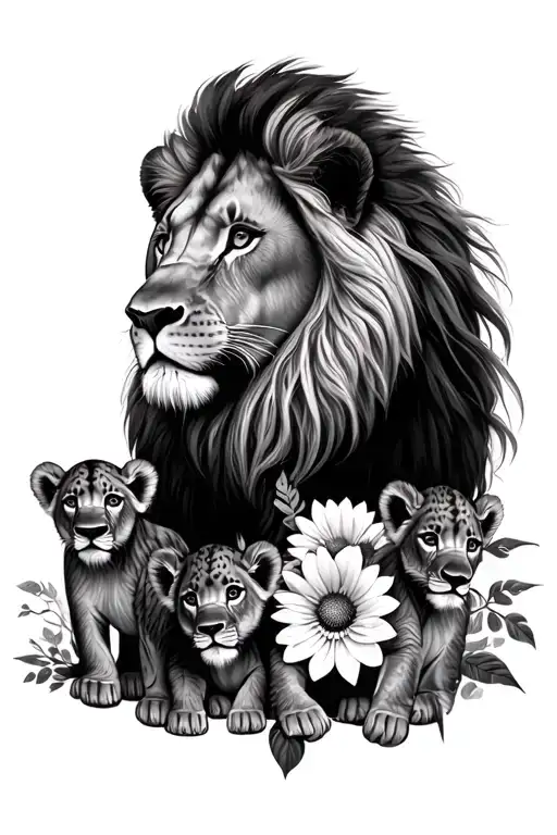 a girl lion with 4 cubs and a african flower bouquet tattoo design idea