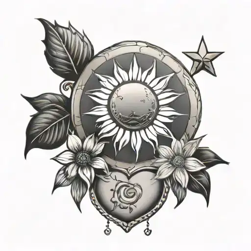 heart, stone, sun, flower, star tattoo design idea