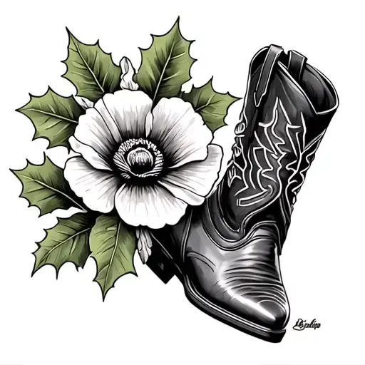 cowboy boot with a holly flower along with a poppy, sweet pea, marigold, and violet tattoo design idea