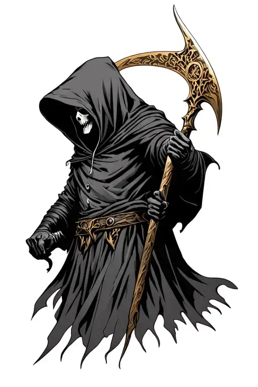 reaper hooded, full sleave, holding a roes gold war scythe tattoo design idea