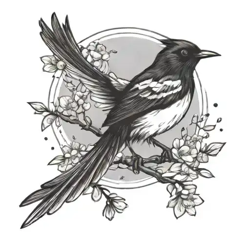 Willy wagtail bird taking flight from a sakura tree. Cosmic magic line pattern surrounding it. Back tattoo  tattoo design idea