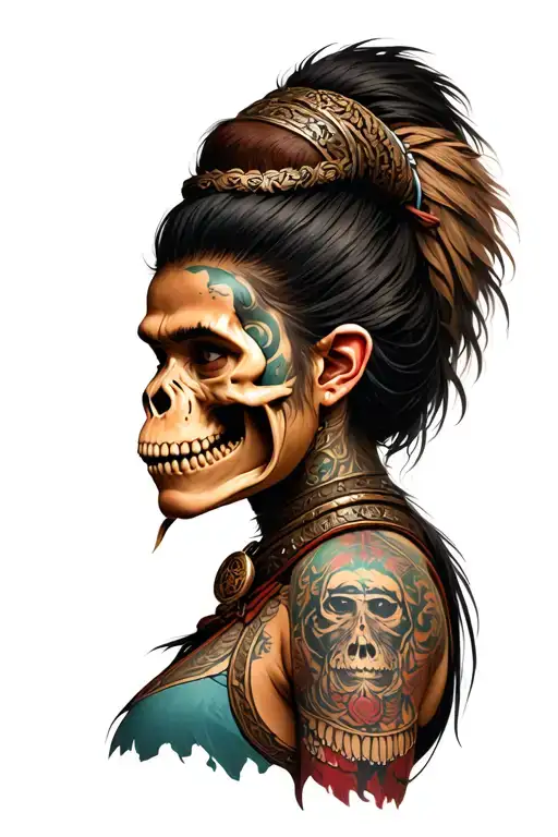 a warrior woman seen in 3/4 view who wears a gorilla skull around her neck tattoo design idea