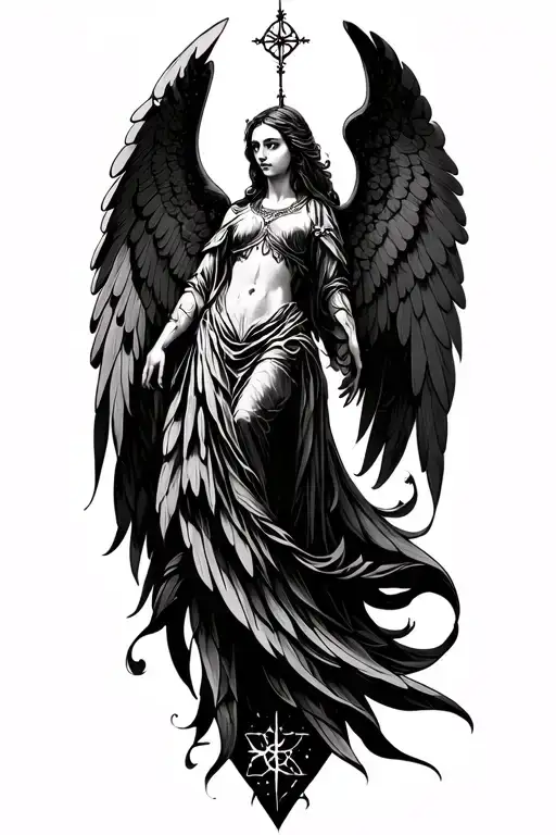 A sketch of a detailed tattoo with a cononic image of Seraphim. Be sure to have 6 wings. tattoo design idea