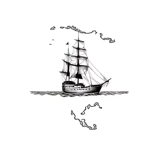 large sailing ship on vintage Caribbean map outline tattoo design idea