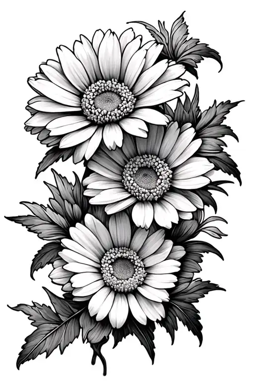 Black and white horizontal carnation Daisy daffodil Marigold violet Larkspur chrysanthemum tattoo design idea