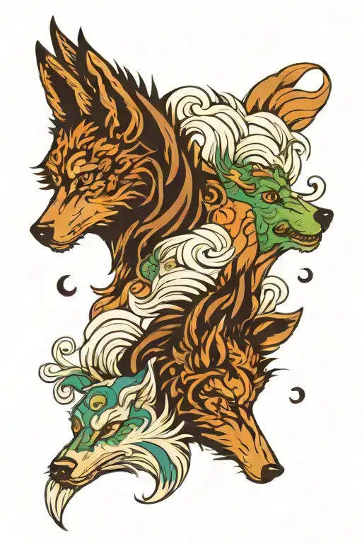 2 ying and yang wolves with blue and green eyes  tattoo design idea