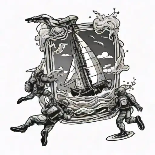 Broken bottle pouring water and sand to a ship with scuba divers around the water and sand tattoo design idea