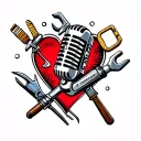 A traditional tattoo of a vintage microphone and construction tools forming a heart shape, representing the client's passion for music and work tattoo design idea