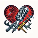 A traditional tattoo of a vintage microphone and construction tools forming a heart shape, representing the client's passion for music and work tattoo design idea