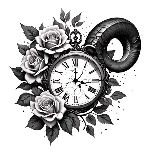 Roses, Aries symbol broken clock face tattoo design idea