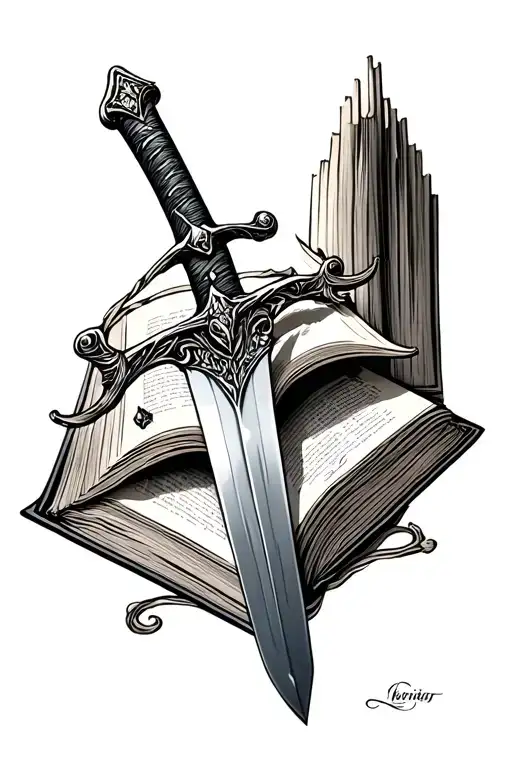 sword going through a book tattoo design idea