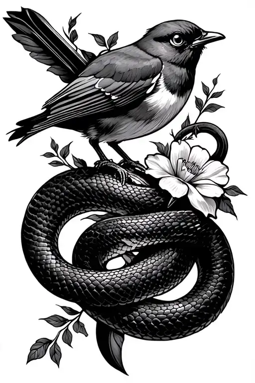 robin, snake, sword,scroll, flowers tattoo design idea