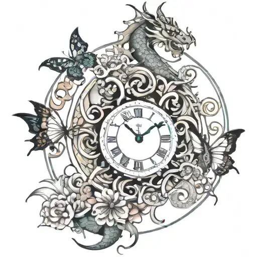 butterflies, chinese dragon clock face tattoo design idea