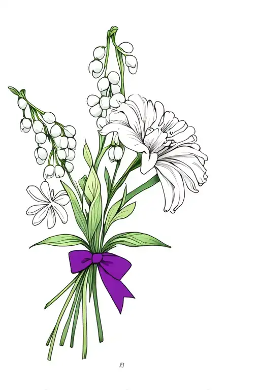 fine line bouquet of carnation, lily of the valley, and snowdrop with a purple bow tattoo design idea