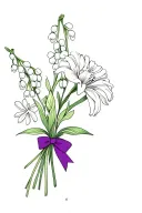 fine line bouquet of carnation, lily of the valley, and snowdrop with a purple bow tattoo design idea