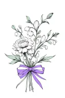 fine line bouquet of carnation, lily of the valley, and snowdrop with a purple bow tattoo design idea