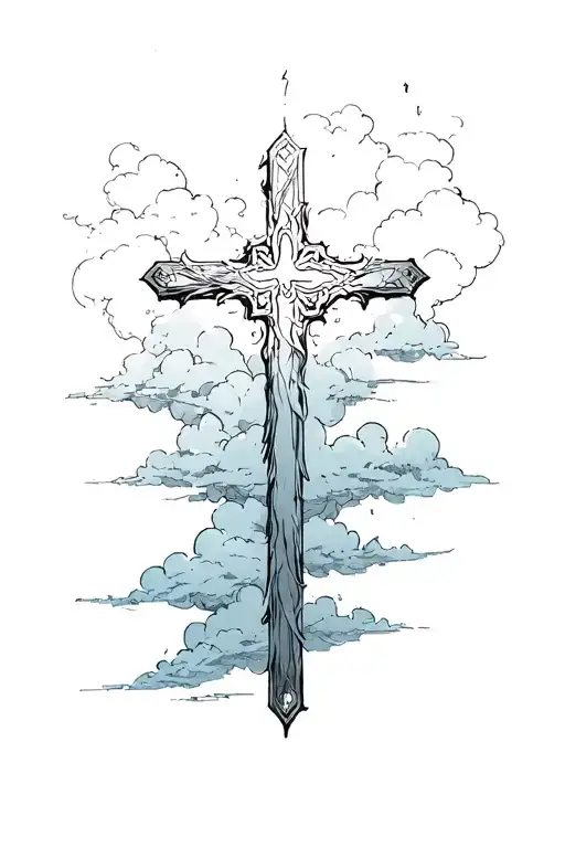 cross with faded clouds behind it tattoo design idea