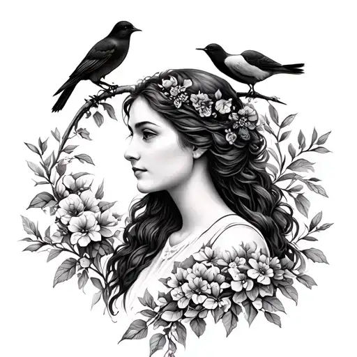 maria with thornbush and dove birds tattoo design idea