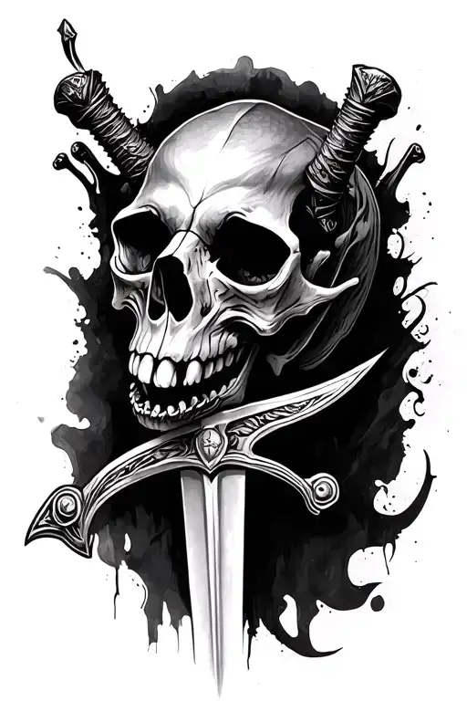 animal skull and sword black and grey tattoo design idea