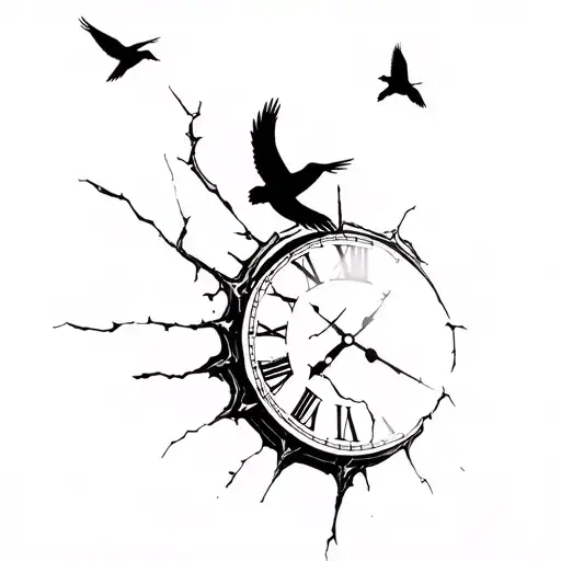 broken clock birds flying towards tattoo design idea