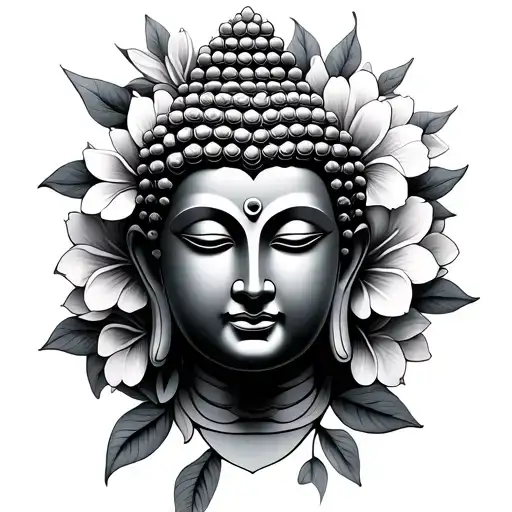 Buddha face surrounded by flowers intertwined tattoo design idea