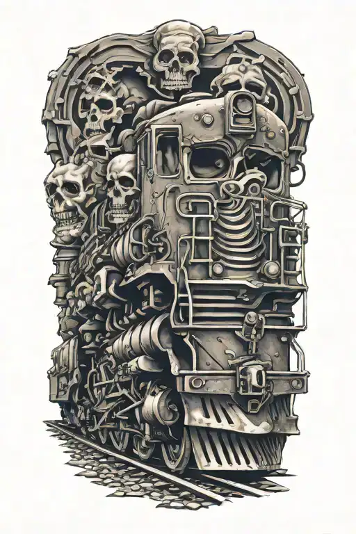 Evil Railroad train with grim reaper skull and high horsepower engines and camshafts tattoo design idea
