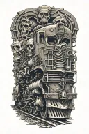 Evil Railroad train with grim reaper skull and high horsepower engines and camshafts tattoo design idea