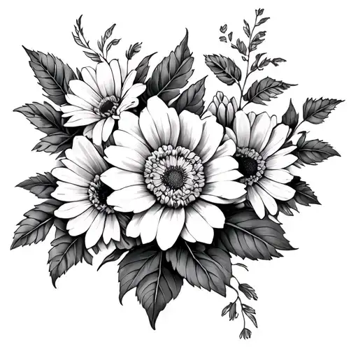 knee tattoo with asters, morning glorys, rose, honey suckle tattoo design idea