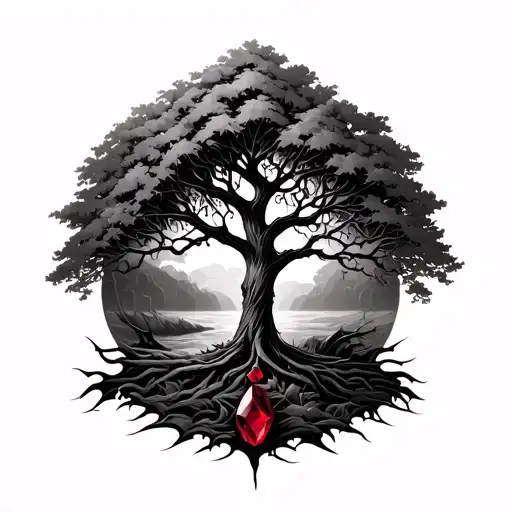 poison tree with ruby stone tattoo design idea