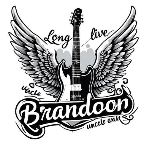 guitar with wings saying "long live uncle Brandon " under it tattoo design idea