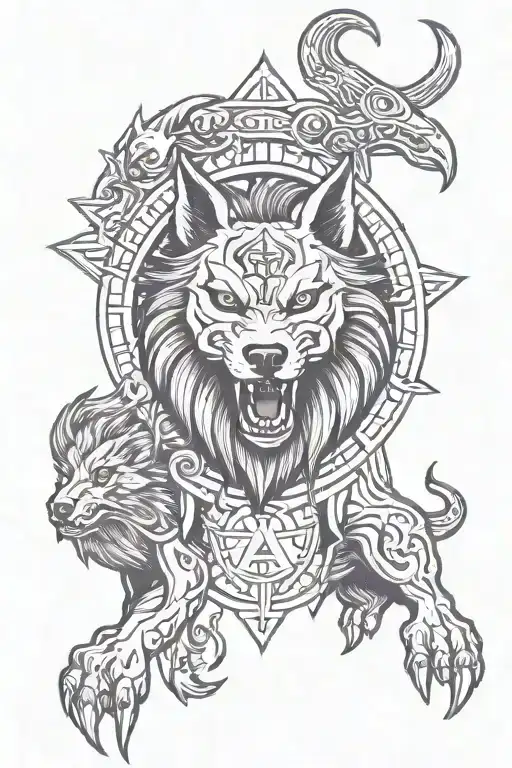 fenrir with gemini zodiac and runes tattoo design idea