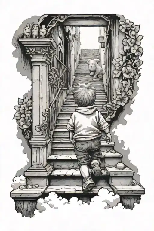 kid holding teddy bear looking up a stair way into heaven gates tattoo design idea