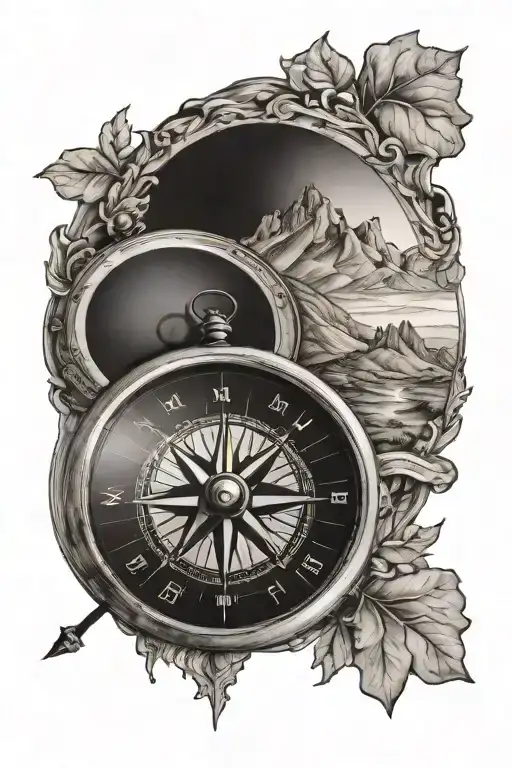road compass mountain landscape tattoo design idea