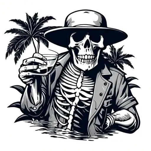 skeleton hawaiin shirt drinking rum tattoo design idea