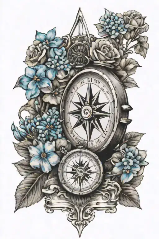 Forget Me Not flowers, ships, compass tattoo design idea