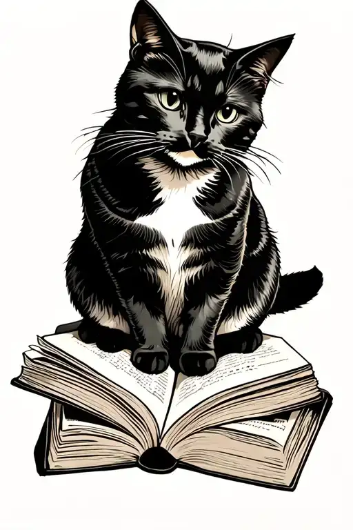 silouhette of cat sitting on a open book tattoo design idea