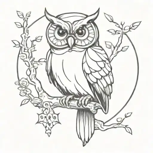 steampunk owl perched on a branch tattoo design idea