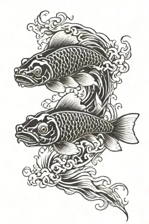 Koi fish swimming upstream, morphing into Japanese dragon. Surrounded by forrest tattoo design idea